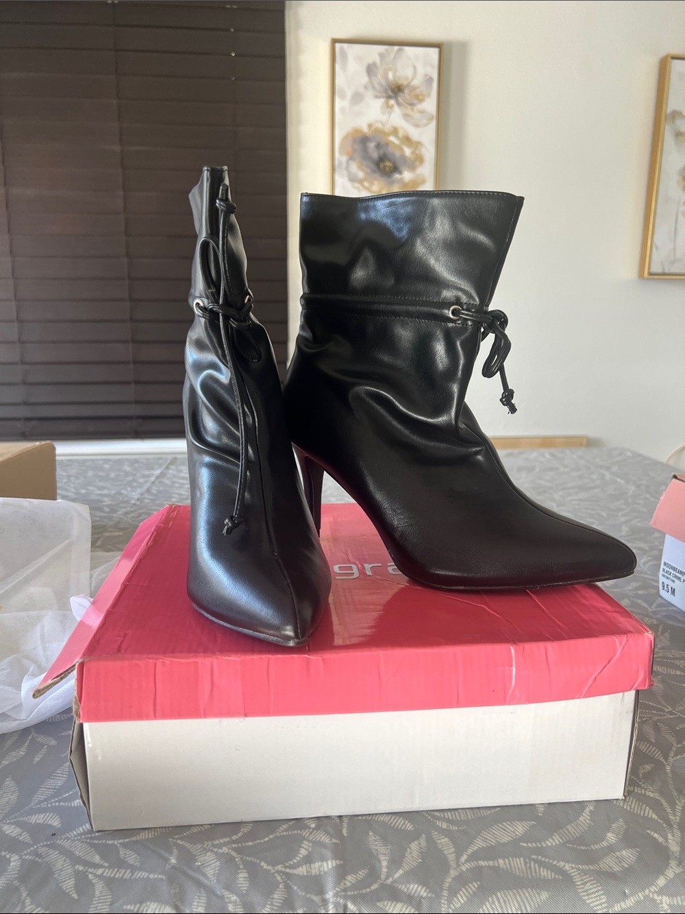 Alegria Black Pointed-Toe Stiletto Ankle Boots with Drawstring